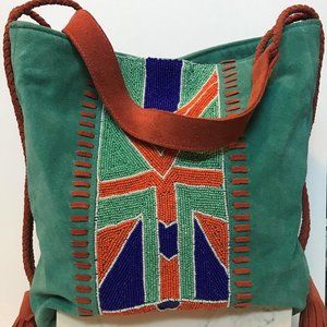BEAUTIFUL LARGE SUEDE BEADED TURQUOISE AND ORANGE HANDMADE HANDBAG!!!